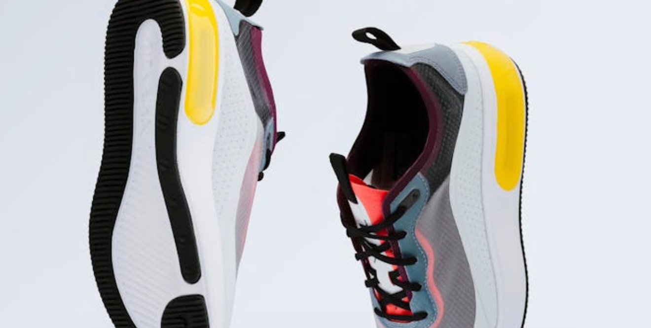 Colourful athletic shoes with yellow accents
